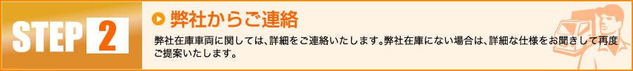 【2】弊社からご連絡：弊社在庫車両に関しては、詳細をご連絡いたします。弊社在庫にない場合は、詳細な仕様をお聞きして再度ご提案いたします。